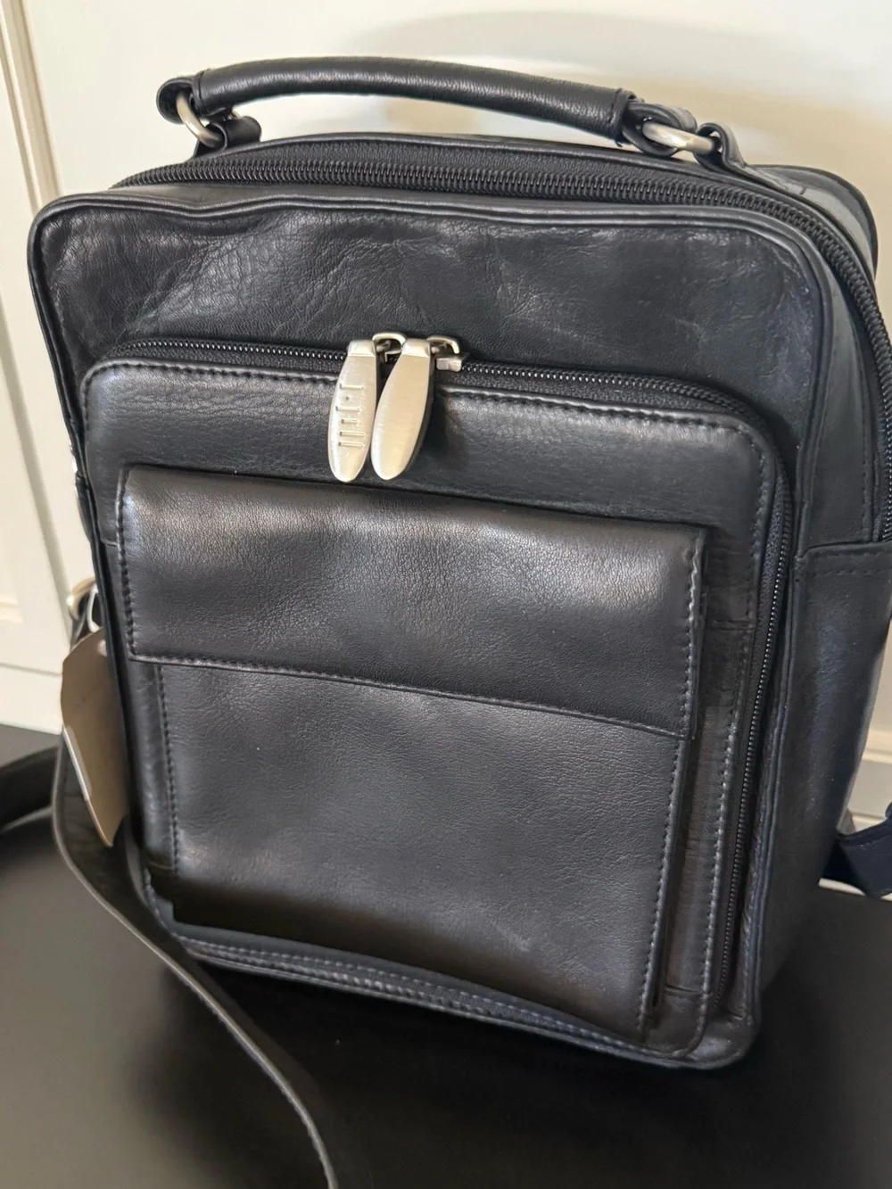J.Jill Black Leather Crossbody Organizer Bag Zip Compartments Travel Purse